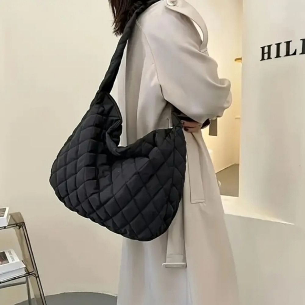 NEW Black Quilted Nylon Shoulder Zippered Tote Bag Accessories - Picture 1 of 4